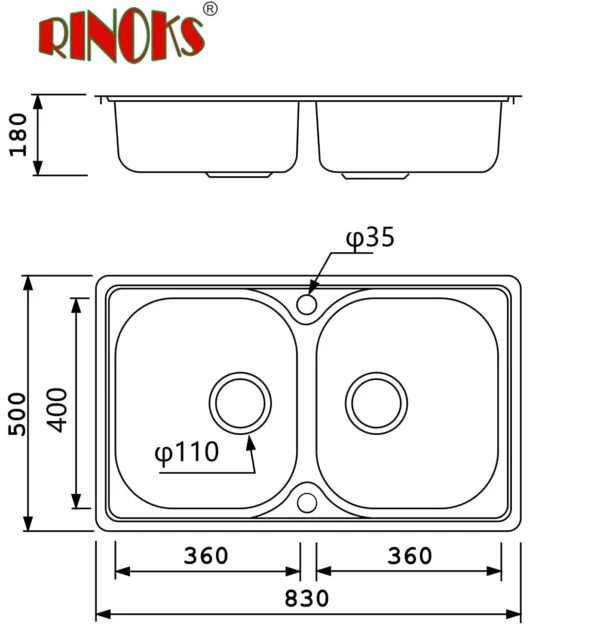 RKS-8350-sketch RINOKS RKS-8350 Kitchen Sink 2 Bowl 83cm Stainless Steel Premium