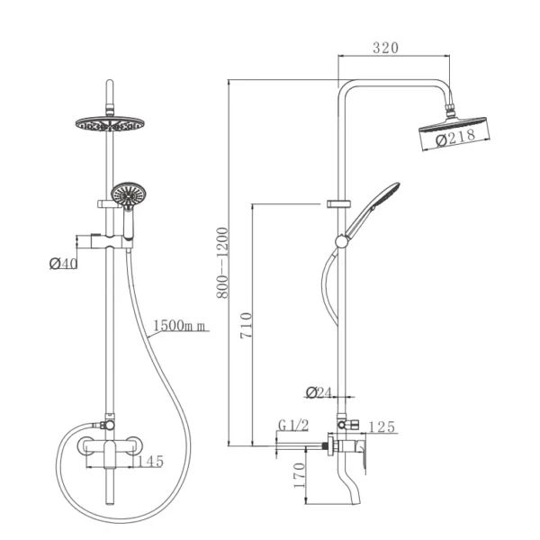 OASENSE CS-710 Tiang Shower Kuningan Panas Dingin Set - Rain Shower Anti Bocor Aksesoris Kamar Mandi sketch