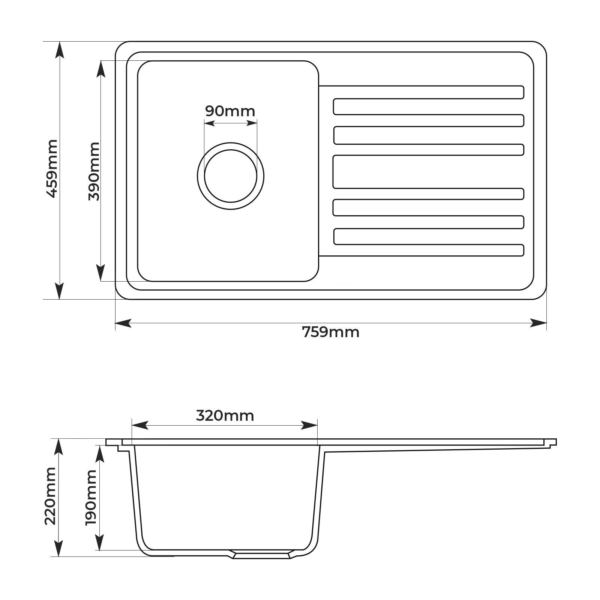 GSBF-7646-RINOKS-wastafel-dapur-granite-sketch.png Wastafel granit RINOKS Granite kitchen sink single bowl drainboard