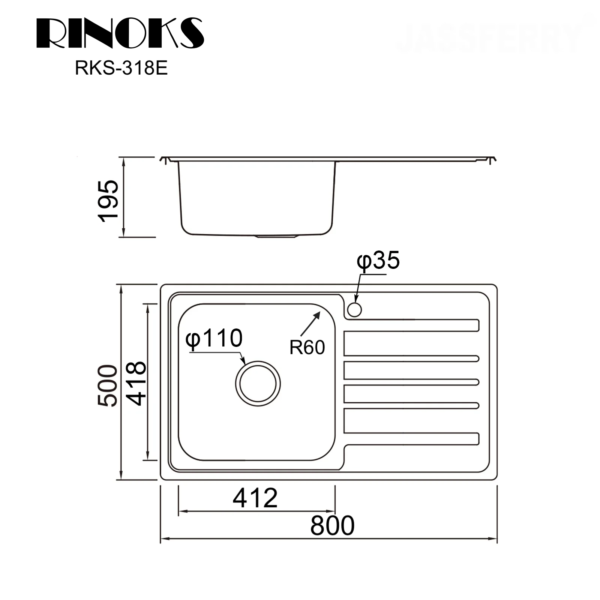 Wastafel dapur RINOKS 1 lubang sayap kithcen sink stainles tebal anti karat 80cm