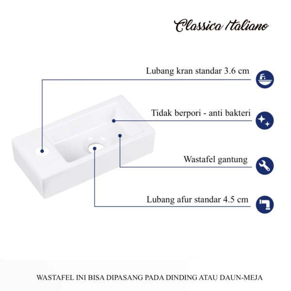 Wastafel keramik gantung Classica Italiano kotak minimalis super putih