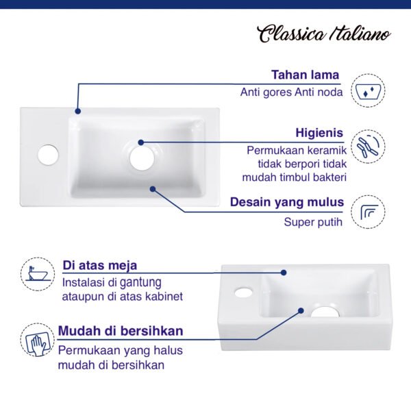 Wastafel keramik gantung Classica Italiano kotak minimalis super putih
