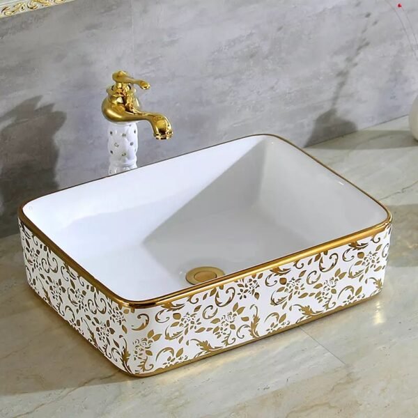 Wastafel cuci tangan keramik fleur de lis desain ornamen dan lis emas