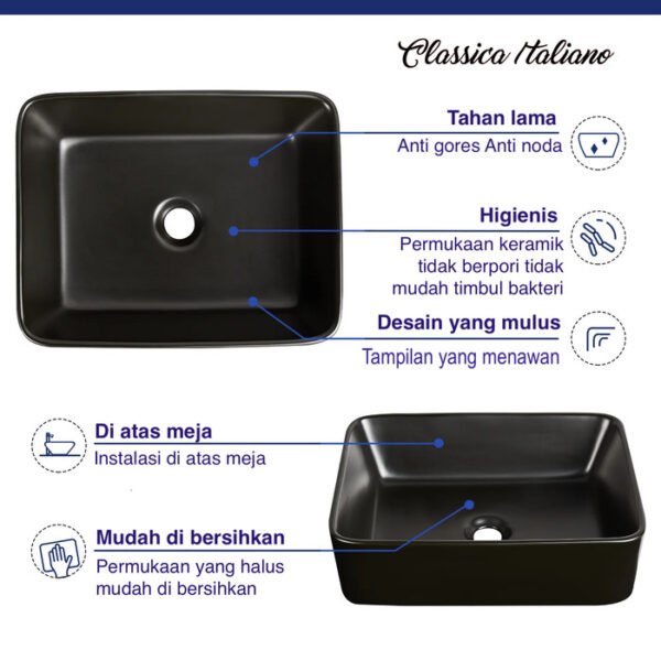 Wastafel kamar mandi keramik hitam modern Classica Italiano TC-037